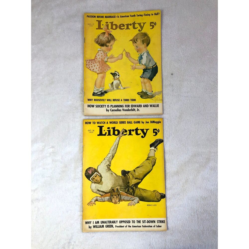 Vintage Liberty Magazine 1937 Joe DiMaggio Football Roosevelt Wallie Art Lot 2pc